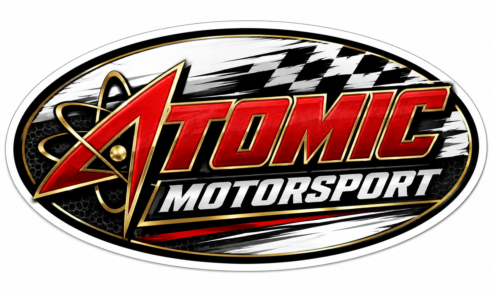 Atomic Motorsport racing emblem with red Atomic lettering, a gold atom motif and black-and-white checkered flag inside an oval.
